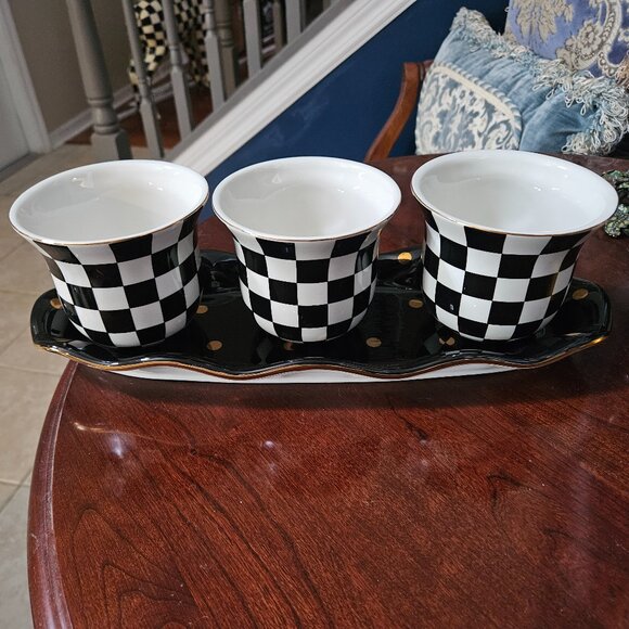 RARE 3 MACKENZIE CHILDS COURTLY CHECK BLACK TIE CERAMIC HERB POT CONTAINER TRAY - Picture 6 of 14